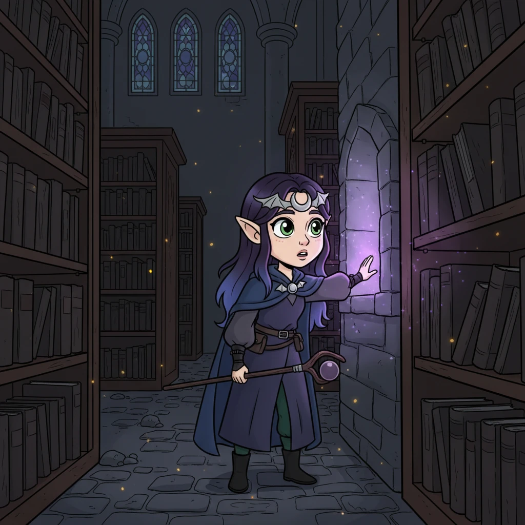 One evening, Lyra quietly explores the ancient, forgotten section of Delsgade's grand library, a place rarely visited. A faint, shimmering, purple-black glow emanates from a hidden alcove, drawing her in with an irresistible pull. She reaches out a hesitant hand towards the source of the mysterious light.