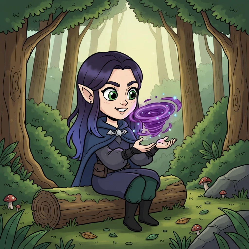 Hidden deep within the forest, away from prying eyes, Lyra practices. A tiny, swirling vortex of deep violet energy dances in her cupped hands, captivating her with its silent power. Her face is a mix of wonder and determination, as she feels a connection unlike any she's known.