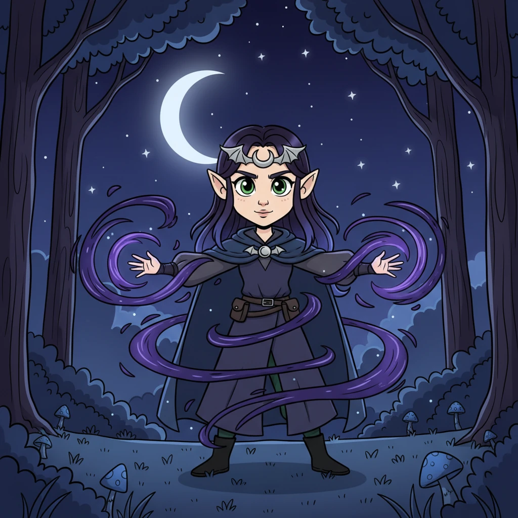 Lyra, now older and more confident, stands in a moonlit glade, her form silhouetted against the night sky. Powerful tendrils of shadowy energy gracefully spiral around her, forming intricate patterns. She has embraced her unique abilities, her expressions showing deep concentration and growing mastery.