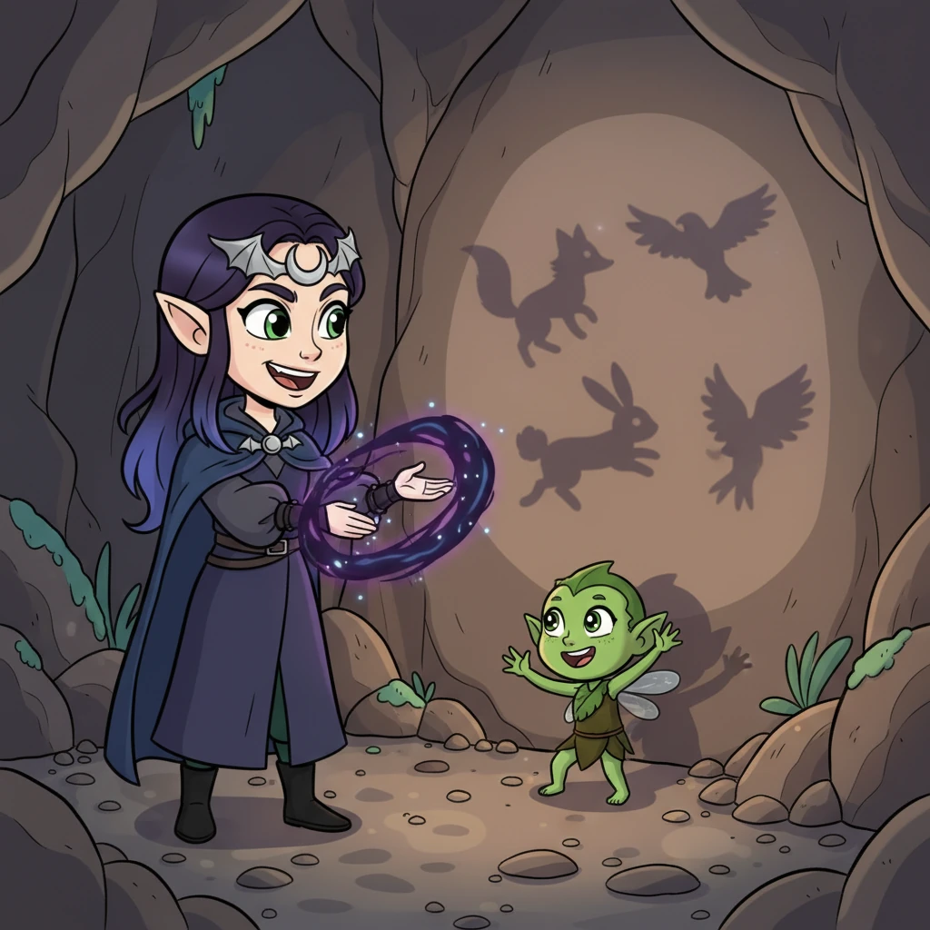 With a mischievous grin, Lyra uses her void magic to playfully conjure shimmering shadow puppets that dance across a cave wall, delighting a small, wide-eyed forest sprite. Her magic, though dark in appearance, is used for warmth and fun, proving its gentle nature. The sprite giggles, reaching out to touch the fleeting shapes.