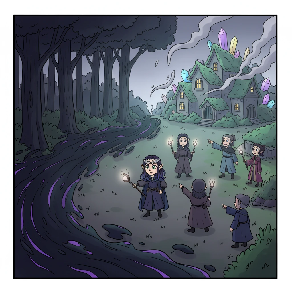 Suddenly, a menacing, inky black blight begins to spread from the forest, creeping towards the luminous village of Delsgade. The air grows heavy and cold, and the vibrant colors of the land start to fade. The villagers, including the traditional light mages, look on in fear and confusion, their usual spells proving ineffective.