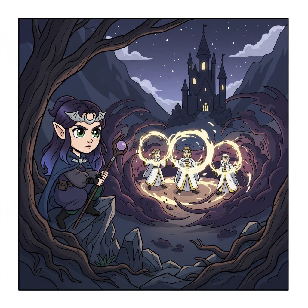 From a hidden vantage point, Lyra watches as the light mages struggle, their bright spells flickering weakly against the encroaching darkness. Her heart aches for her home and her people, knowing that their traditional methods are failing. A fierce resolve hardens her expression; she knows she must act.