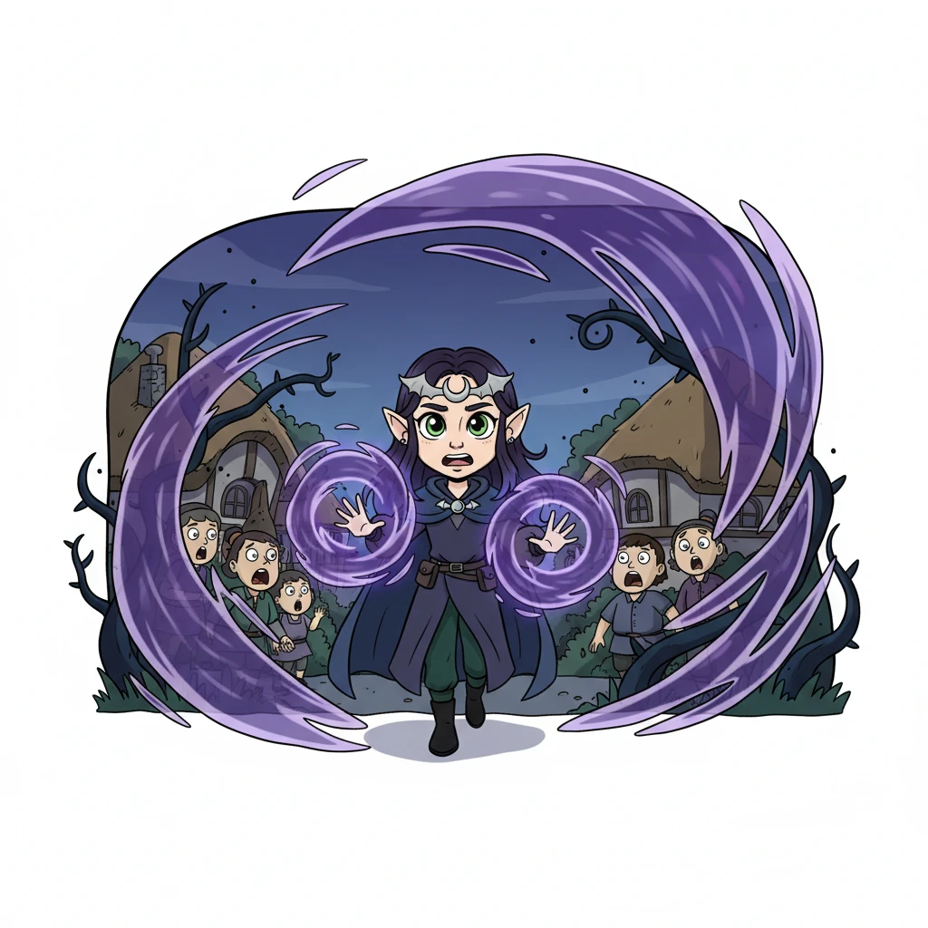 Lyra boldly steps forward, her figure radiating an unexpected, powerful aura as she confronts the advancing blight. She raises her hands, and swirling vortexes of deep violet energy erupt from her, creating a protective barrier around the village. The villagers gasp, their fear turning to awe.