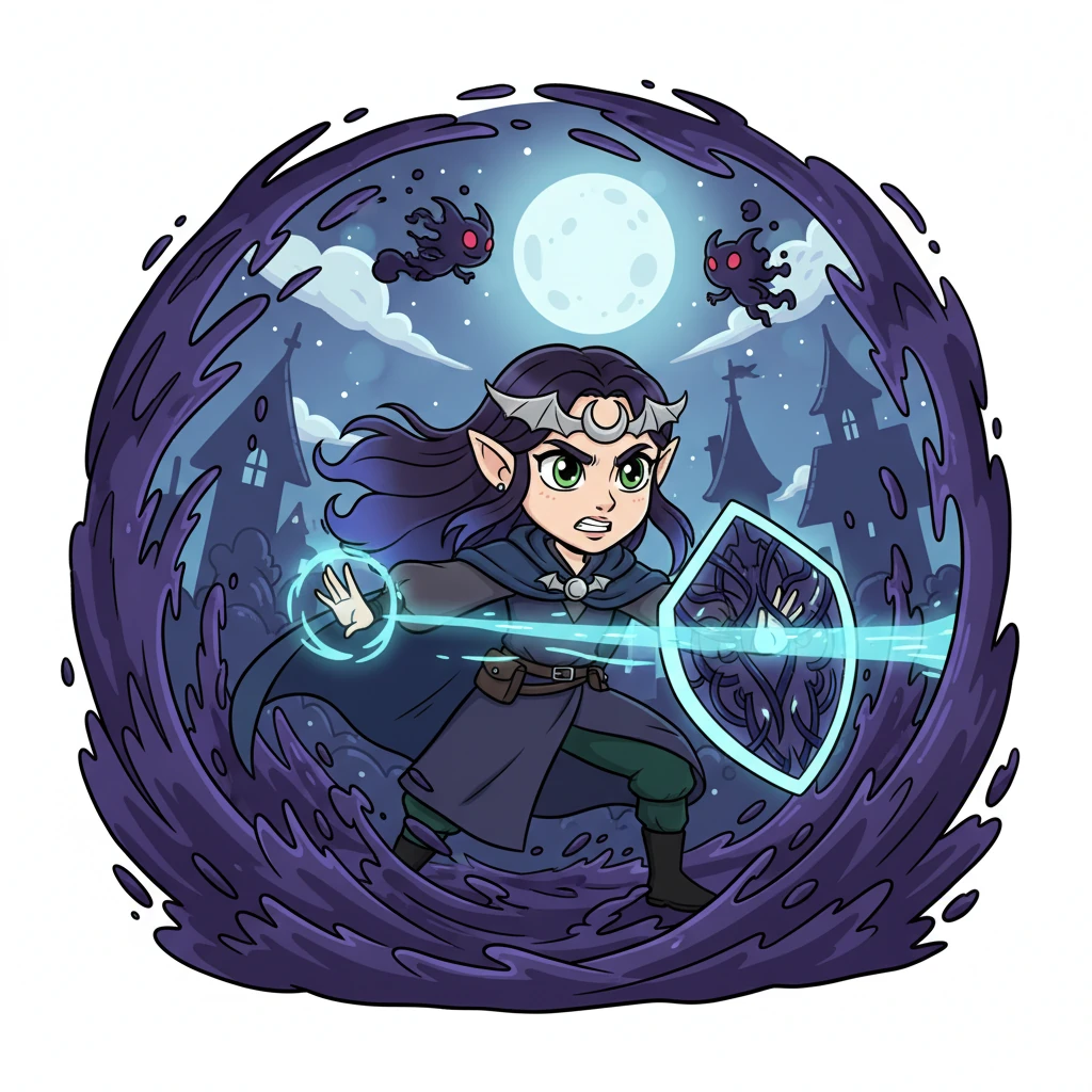 With incredible grace and strength, Lyra channels massive waves of void energy, pushing back the encroaching darkness and its shadowy creatures. She weaves intricate shields of shadow and unleashes focused blasts of void light, her movements fluid and powerful. Her face shows fierce determination as she defends Delsgade.