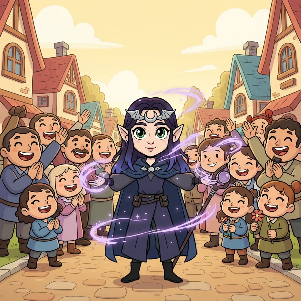 Delsgade is safe, and Lyra stands tall, her void magic gently receding, leaving behind a faint, beautiful shimmer. The grateful villagers, their faces filled with relief and admiration, cheer for their unique protector. Lyra, the void mage, is now a revered hero, standing as a beacon of strength and acceptance for her home.