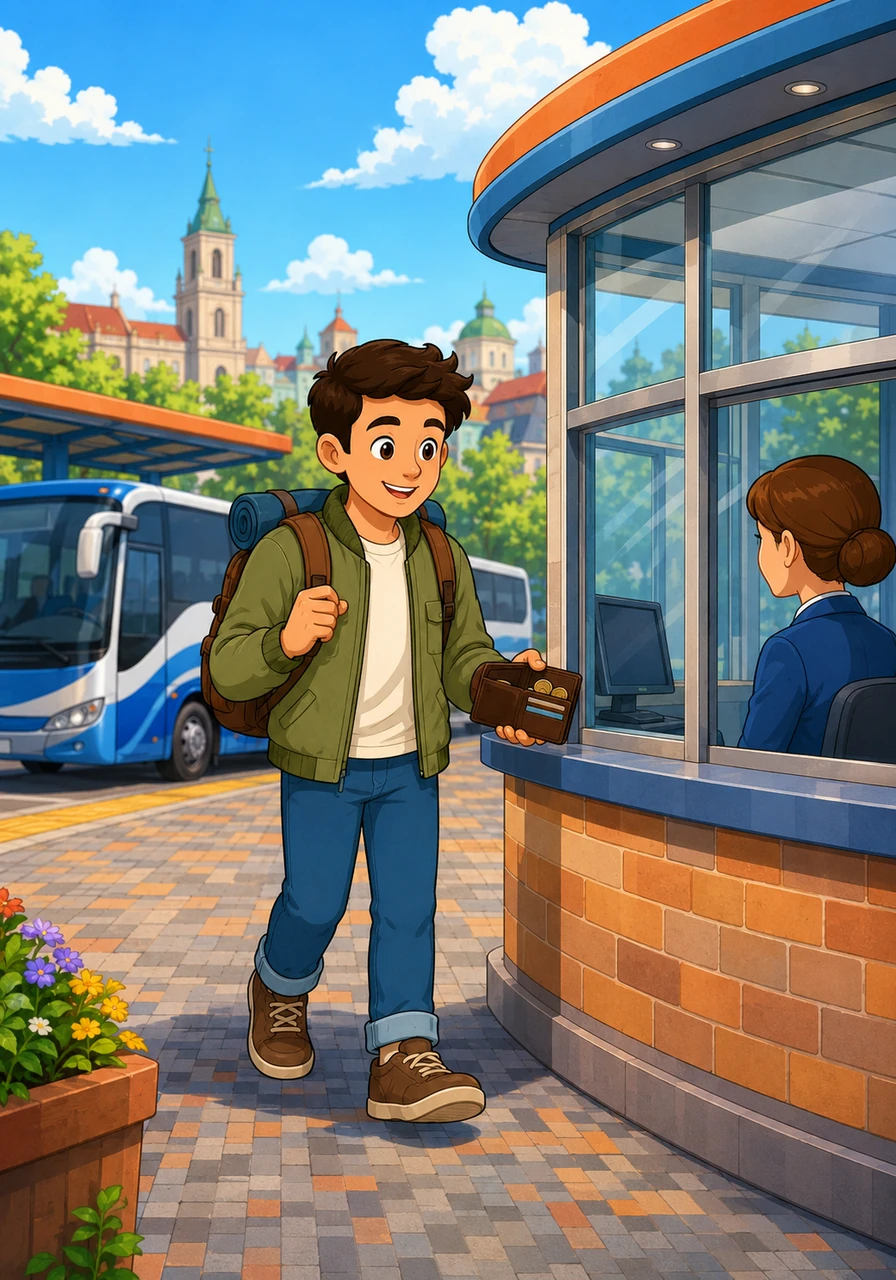 Under a bright morning sky, Leo steps onto the pixelated pavement of a colorful bus station. With a warm smile, he walks toward the glass ticket booth to plan his day trip to the historic city center, eager to see Piazza del Popolo.