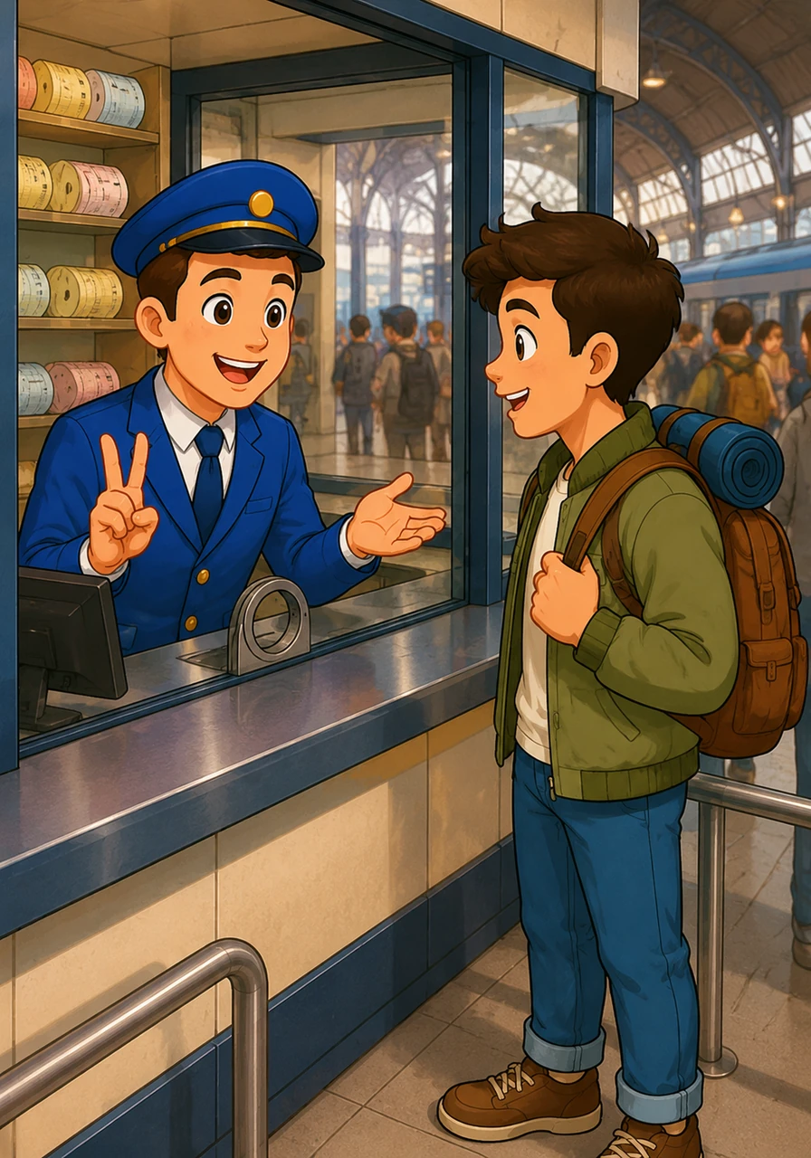 Inside the booth, a cheerful ticket clerk wearing a sharp blue uniform leans forward with a welcoming smile. He kindly explains that Leo can easily reach his destination by catching either bus number ten or bus number three.