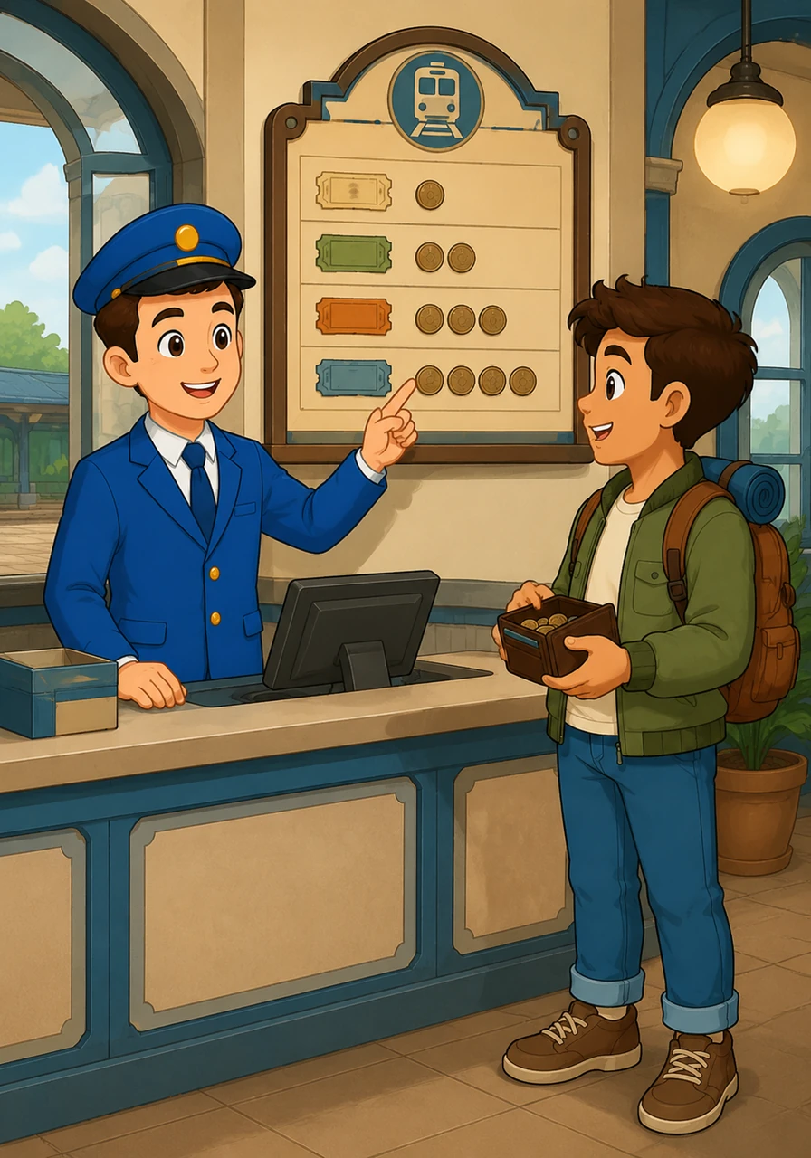The helpful clerk points out a clear, retro-styled price list hanging on the wall behind him. He informs Leo that a single ticket costs one euro and fifty cents, and it remains valid for a full one hundred minutes.