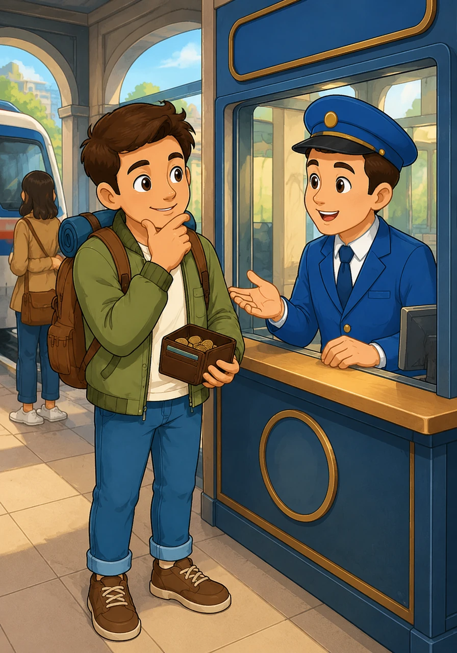 Envisioning a long, wonderful day of sightseeing downtown, Leo smiles and scratches his chin thoughtfully. He decides to ask about the price of a full-day pass so he can travel without any worries.