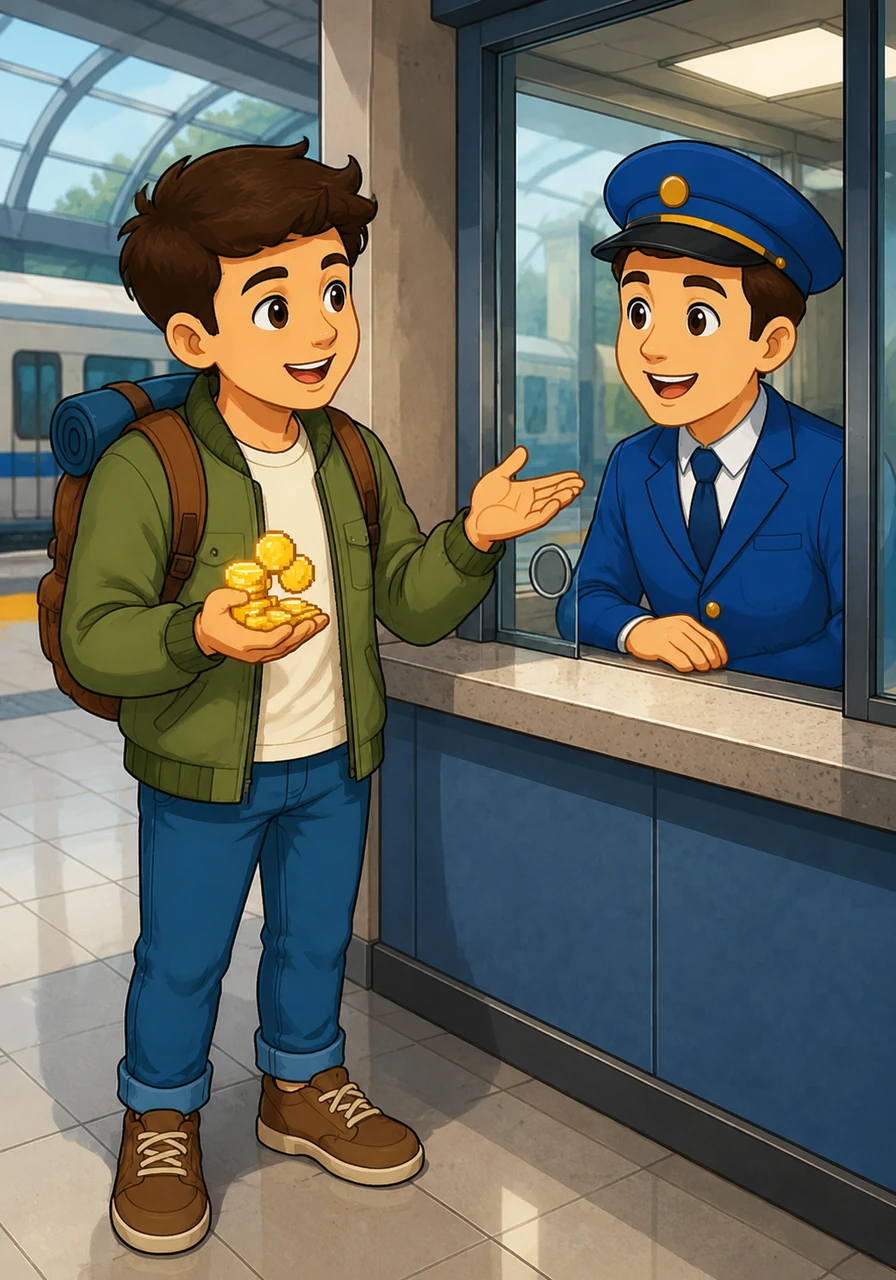 Impressed by the value, Leo begins counting out shiny pixelated coins in his hand. He thinks ahead to the rest of his week and asks the clerk about the price of a weekly transit pass.