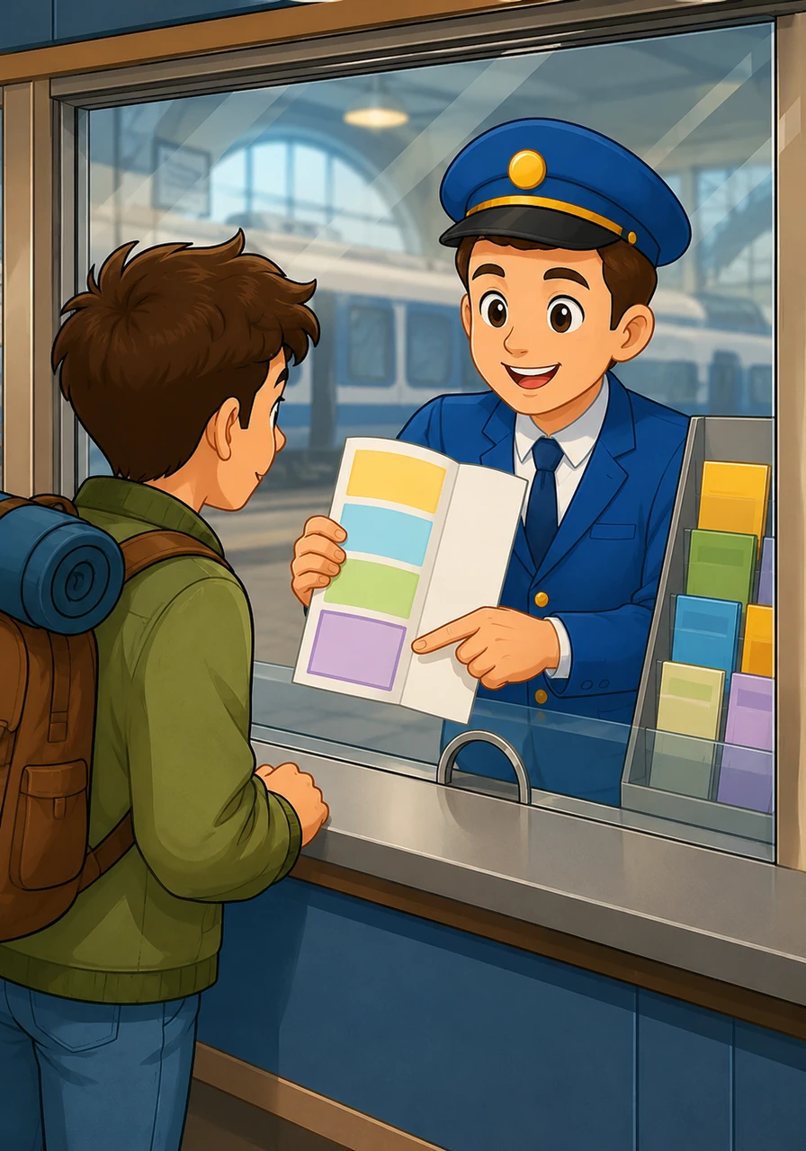 The clerk reaches into a rack and pulls out a brightly colored brochure showcasing all the available travel options. He holds it up to the glass, showing Leo that the weekly pass is available for twenty-four euros.