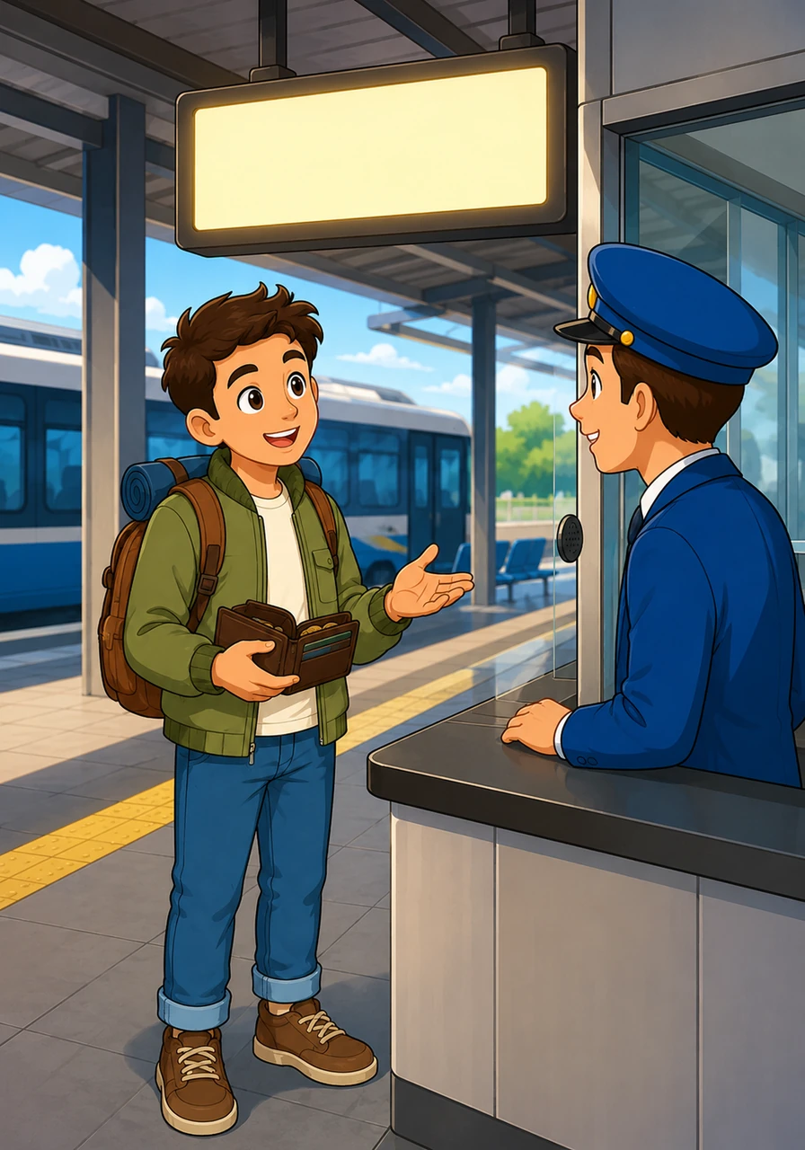 Leo turns around to check the digital bus schedule board hanging near the platform, making sure he does not miss his ride. He asks the clerk for the specific arrival time of the next number three bus.