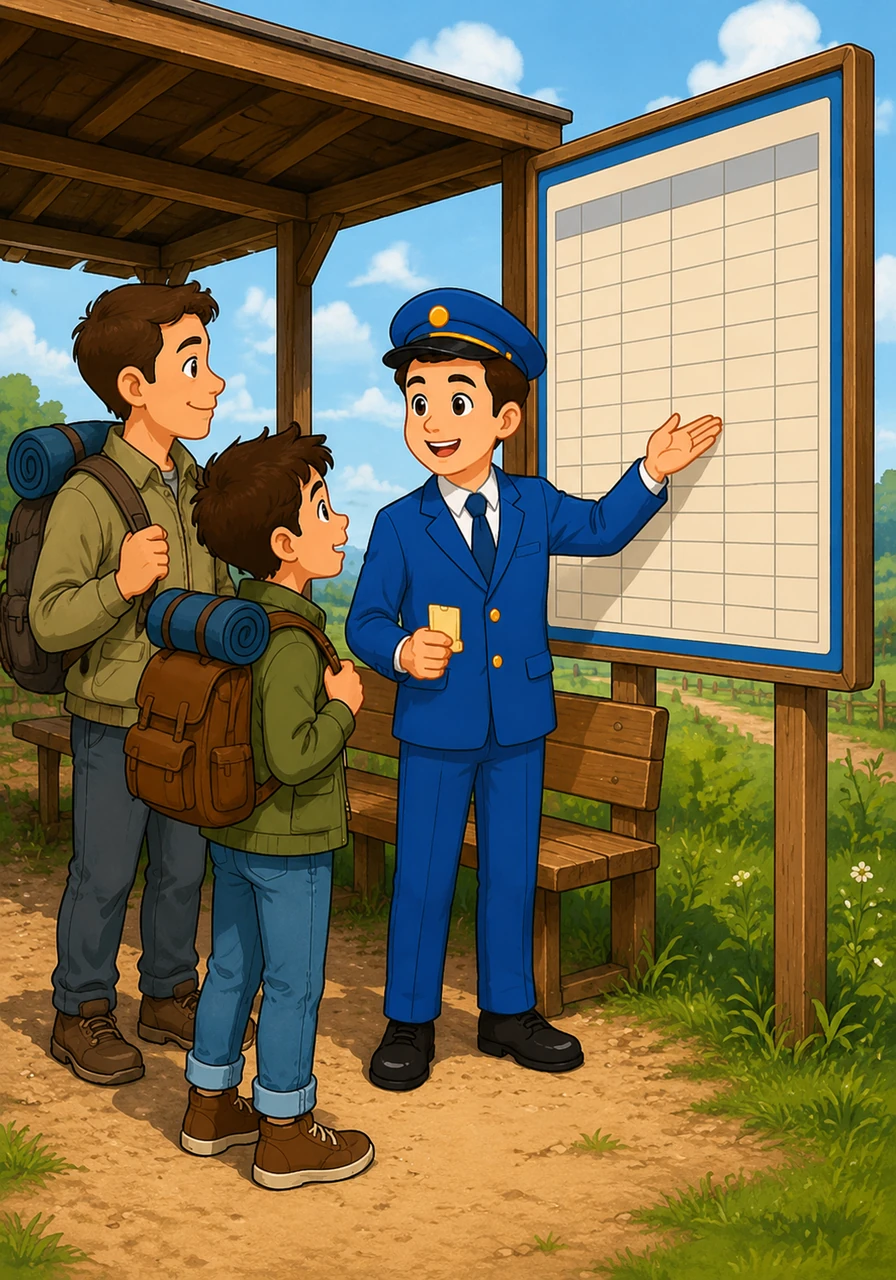 Gesturing politely toward a detailed timetable posted right next to the outdoor shelter, the clerk provides reassurance. He explains that the bus arrives every twenty minutes and that the complete schedule is always available at the stop.