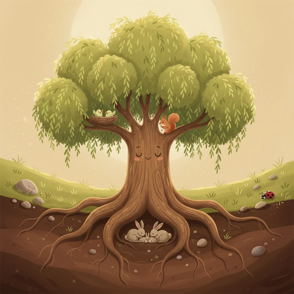 The seasons changed, and Willow’s trunk grew thick and sturdy. Her roots spread, holding her steadfast against the wind. Now, she was a beautiful tree, a home for all sorts of creatures.