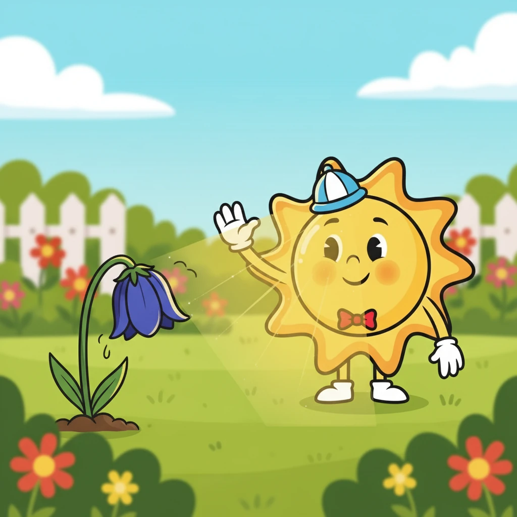 He saw a drooping flower in a nearby garden, its petals all closed and sad. Sunny, feeling a flicker of courage, decided to shine his light upon it. The flower seemed to sigh with relief.