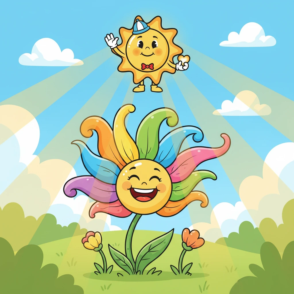 Slowly, the flower's petals began to unfurl, reaching towards Sunny’s warm glow. A bright smile appeared on its face as it drank in the sunlight. The flower bloomed, showing off its beautiful colors.