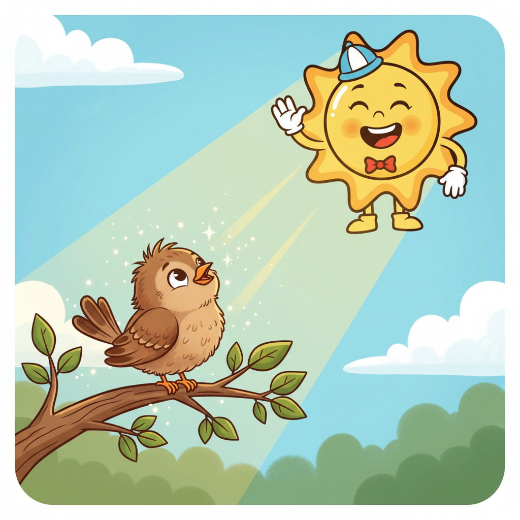 Nearby, a small bird sat perched on a branch, looking tired and still. Sunny decided to shine on the bird, hoping to bring it some cheer. The bird perked up instantly.