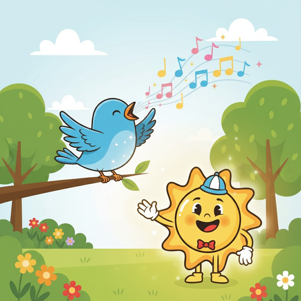 The bird began to sing a sweet, happy melody, filling the air with joy. It fluttered its wings, ready to take flight once again, completely refreshed by Sunny's gentle light.