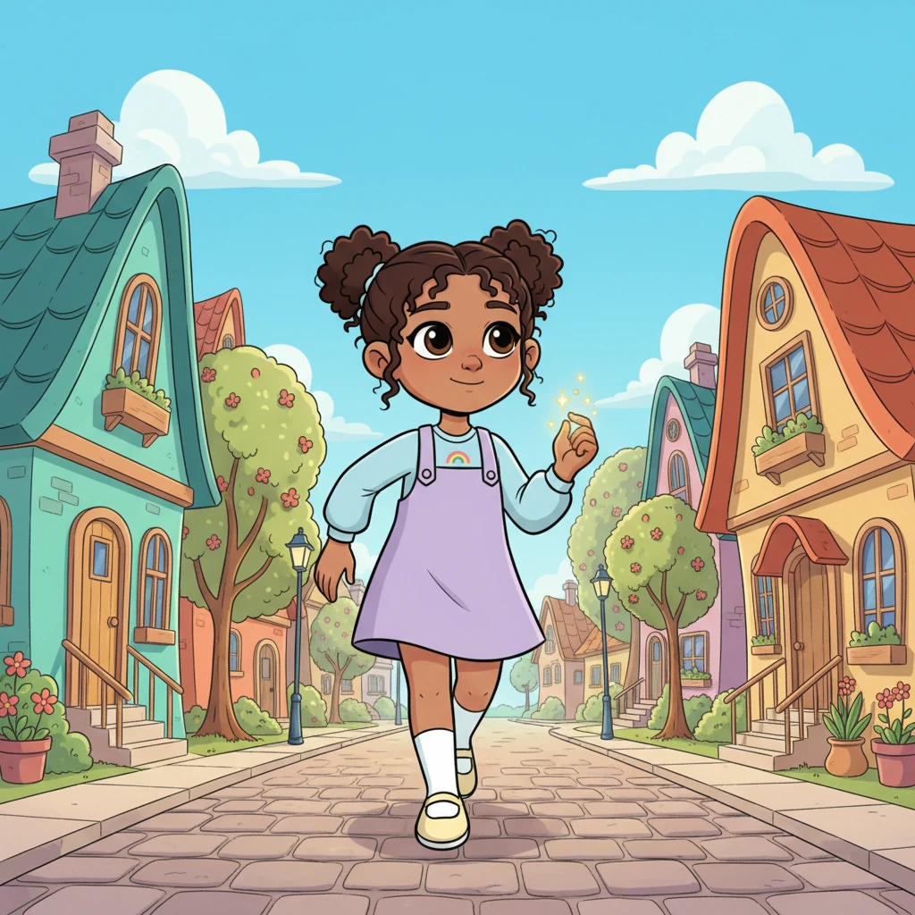 Crystal, a bright-eyed girl with a determined spirit, walks along a sunny street. Her past challenges have made her strong, and today she feels a quiet sense of hope for new discoveries. She carries a small, almost invisible, glimmer of resilience, ready to embrace whatever comes next.