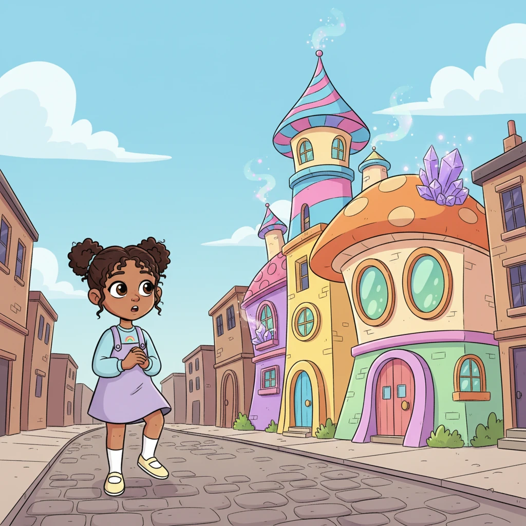 Her steps are light until a splash of color catches her eye down the block. A whimsical building, unlike any other, seems to hum with an inviting energy. Crystal pauses, her curiosity piqued.