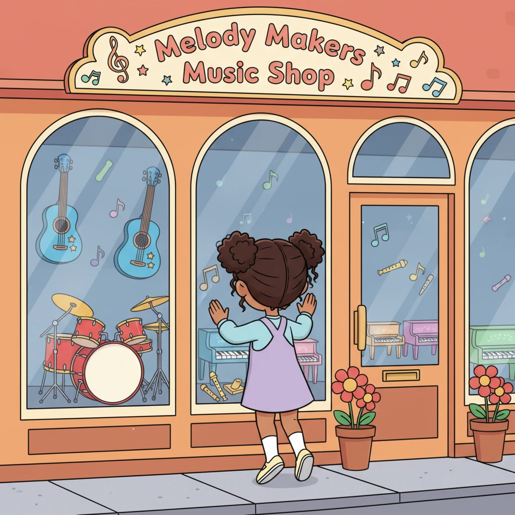 It's a music store! Its large windows are like sparkling treasure chests, revealing glimpses of instruments inside. A cheerful sign above reads "Melody Makers Music Shop," decorated with playful musical notes.