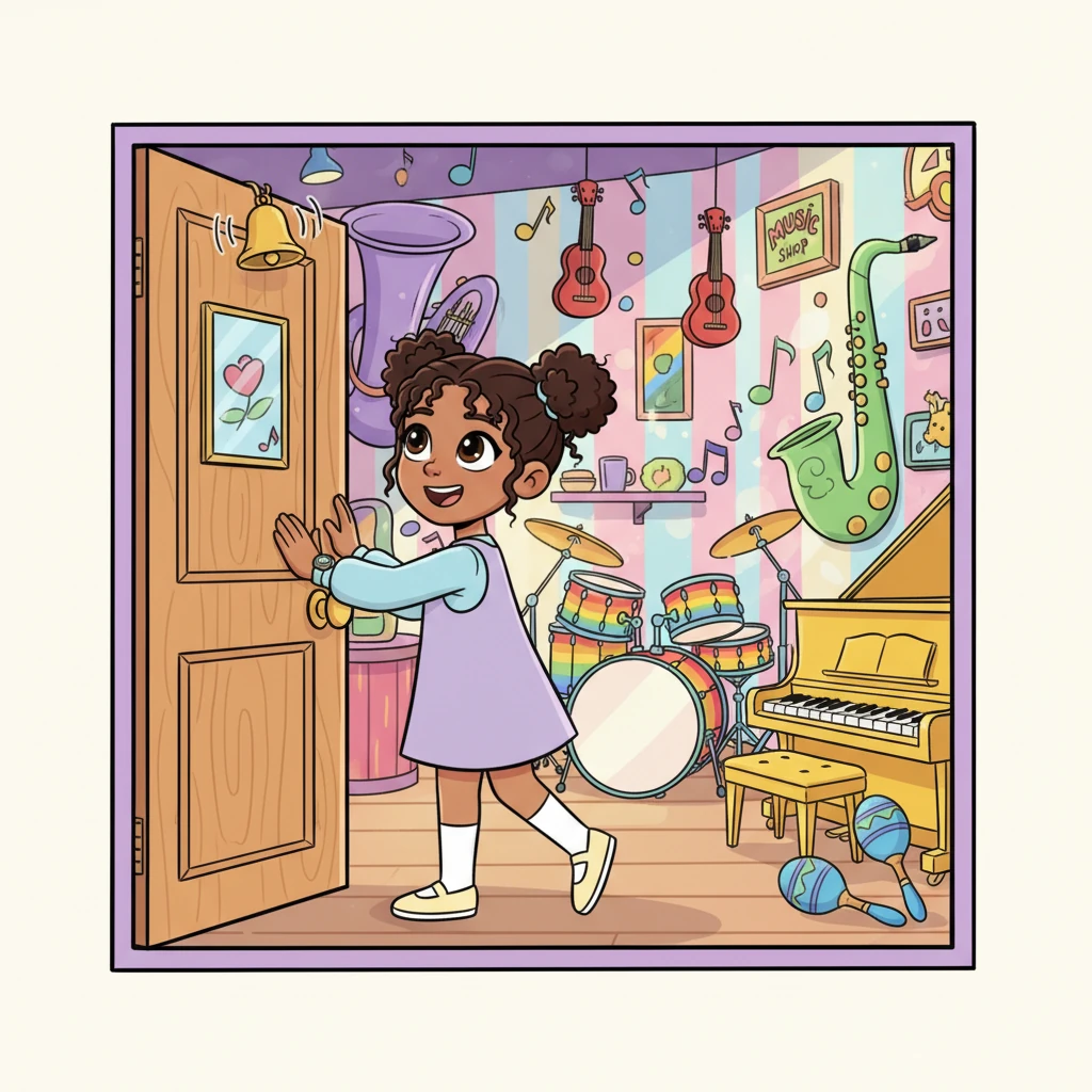 Crystal pushes open the door, a little bell tinkles merrily, and she steps into a world of vibrant sound. Her eyes widen, taking in the colorful array of instruments that fill the cheerful space. The air buzzes with potential melodies.