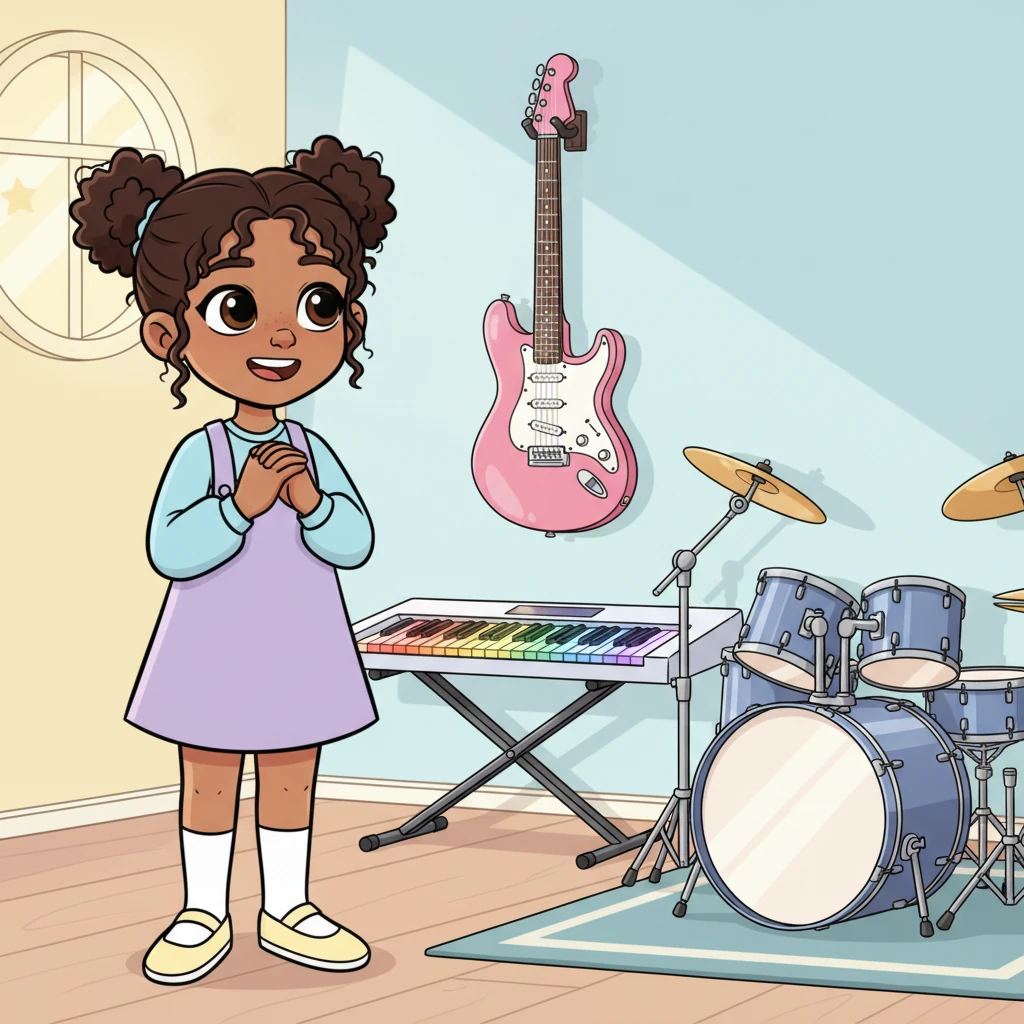 In one corner, a gleaming pink electric guitar hangs, looking cool and ready to rock. Nearby, a sleek keyboard with rainbow keys beckons, and a shiny drum set sits proudly, just waiting for a beat. Crystal gazes at all three, her heart thumping with excitement.