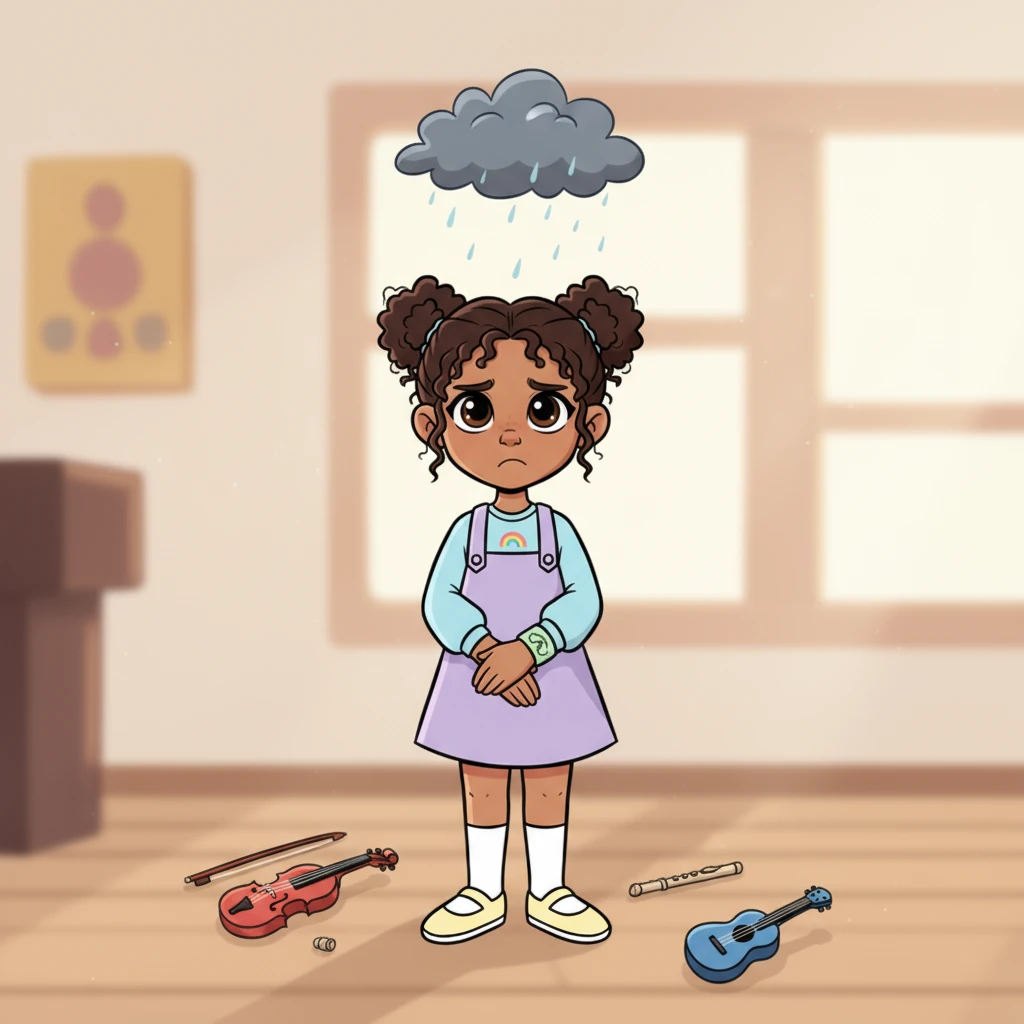 A tiny frown creases Crystal's brow as she remembers her parents can only afford lessons for one instrument. How could she possibly choose? A little cloud of worry floats above her head, dimming her sparkle.