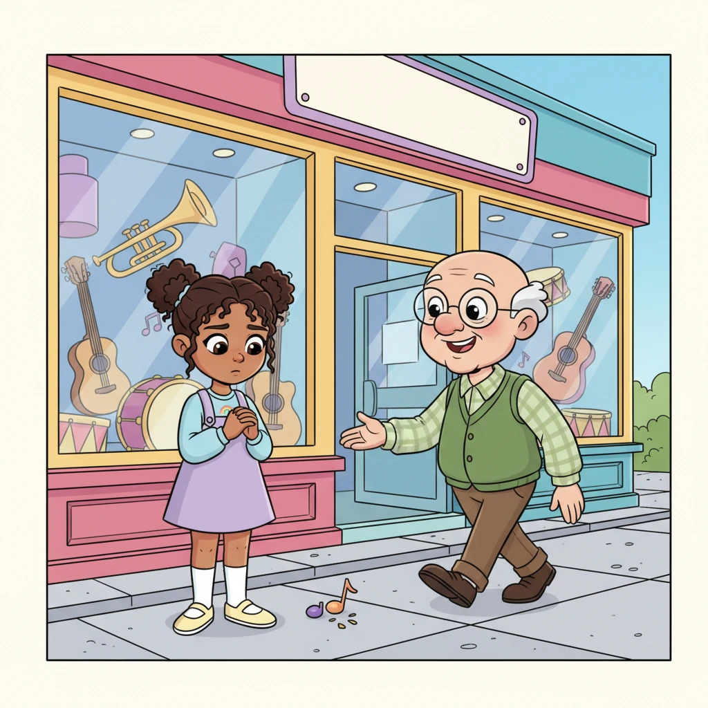 Just then, a friendly man with a big smile and a twinkle in his eye, the music store owner, notices Crystal's dilemma. He walks over with a warm, encouraging presence, ready to help.