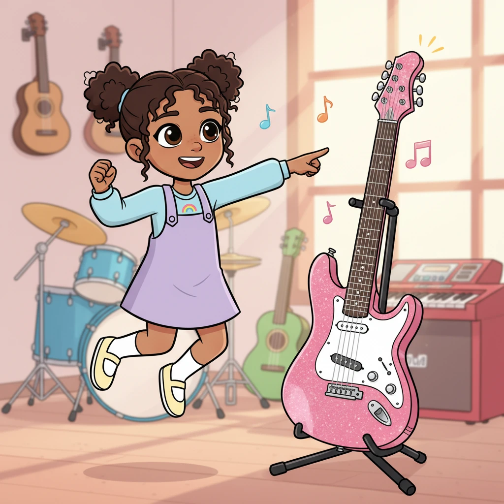 After trying each instrument with gusto, Crystal makes her choice! With a joyful leap, she points to the fabulous pink electric guitar. She spends weeks practicing, her fingers dancing across the strings, growing more confident with every strum.