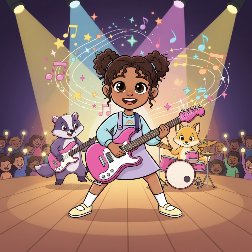 Soon, Crystal is on stage, her pink electric guitar blazing as she jams with the "Melody Makers Band." The music fills the air, and Crystal's face glows with pure happiness, her dream of rocking out finally a reality.