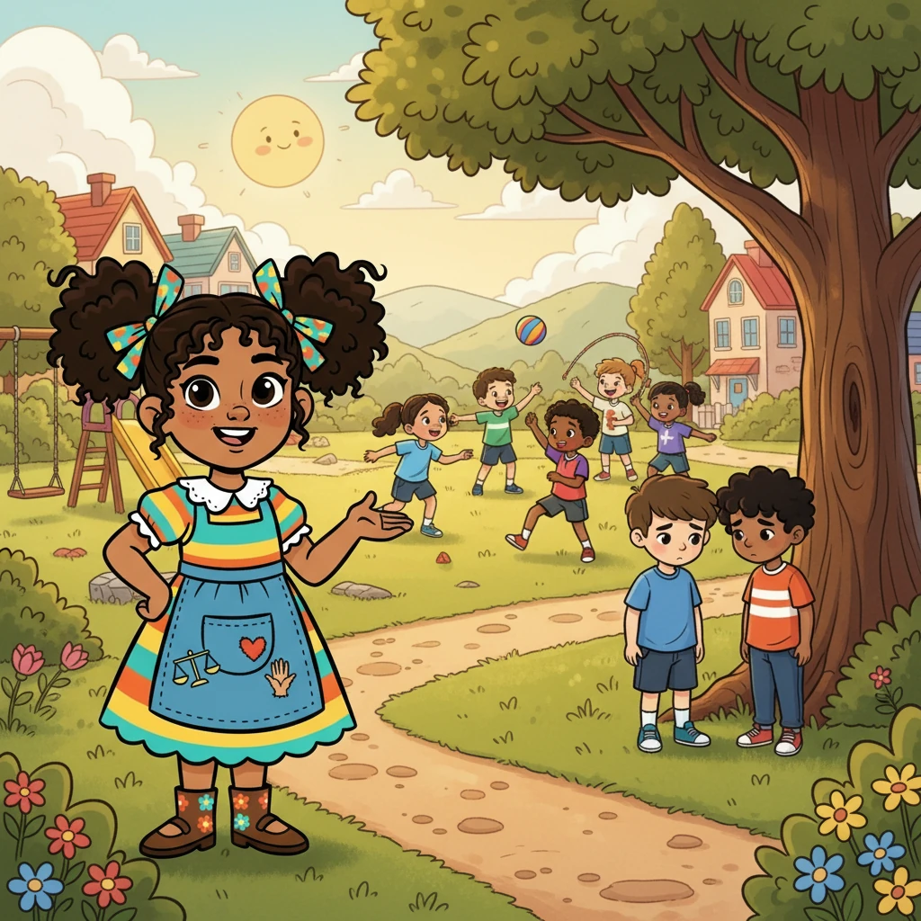 Alma, una niña curiosa con un corazón bondadoso, vivía en un pueblo donde todos eran diferentes pero compartían el mismo sol. Un día, mientras jugaba en el parque, notó que algunos niños eran excluidos de los juegos.