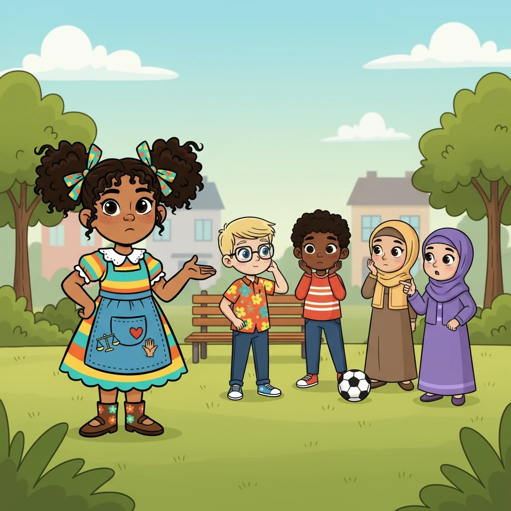 Intrigada, Alma se acercó a un grupo de niños que jugaban a la pelota y les preguntó por qué no dejaban jugar a los demás. Los niños respondieron que no se les permitía porque eran diferentes, ya sea por su color de piel, su idioma o su forma de vestir.