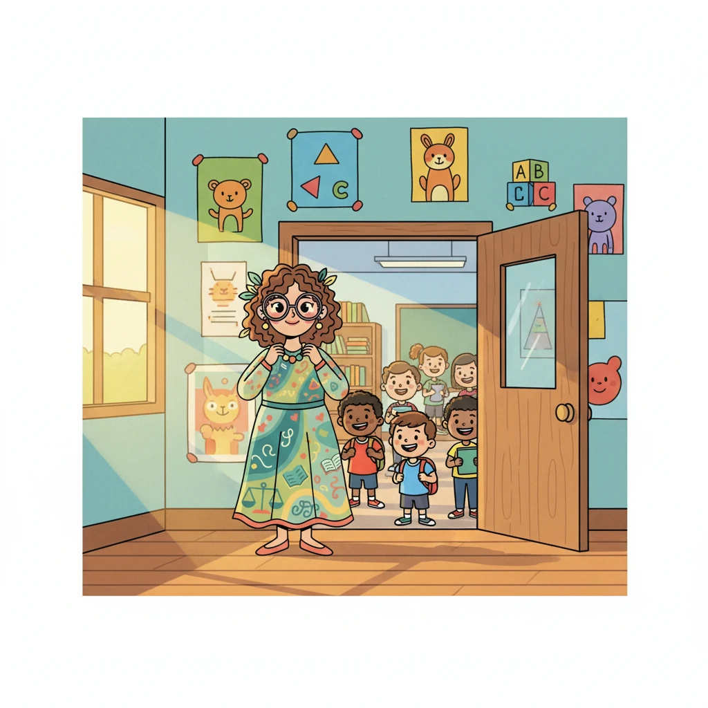 Ms. Willow, a kind and dedicated teacher, stands at the entrance of her classroom, a gentle smile gracing her face. The morning sun streams through the window, illuminating the colorful posters and the eager faces of her students. She takes a deep breath, ready to begin another day, feeling the weight of the year ahead.