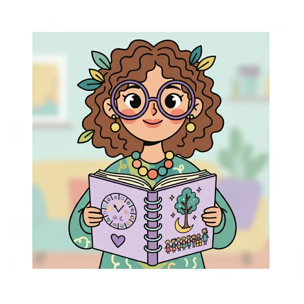The first page of Ms. Willow's self-care planner shows a welcome message. It reads: 'Welcome to Your Year of Balance.' She opens her planner, a soft lavender hue, and a heart icon next to the title. The message acknowledges how much teachers give and encourages them to give back to themselves.
