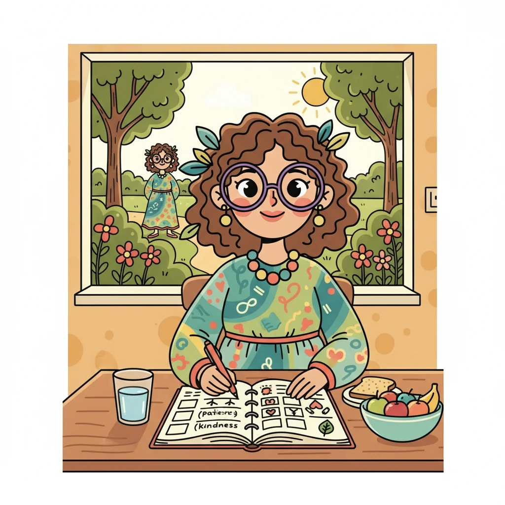 Each morning, Ms. Willow uses her planner to set intentions. She writes, 'Today, I will focus on patience and kindness.' She drinks a glass of water, enjoys a healthy breakfast, and takes a short walk before school. A small leaf icon marks her mindful morning routine.