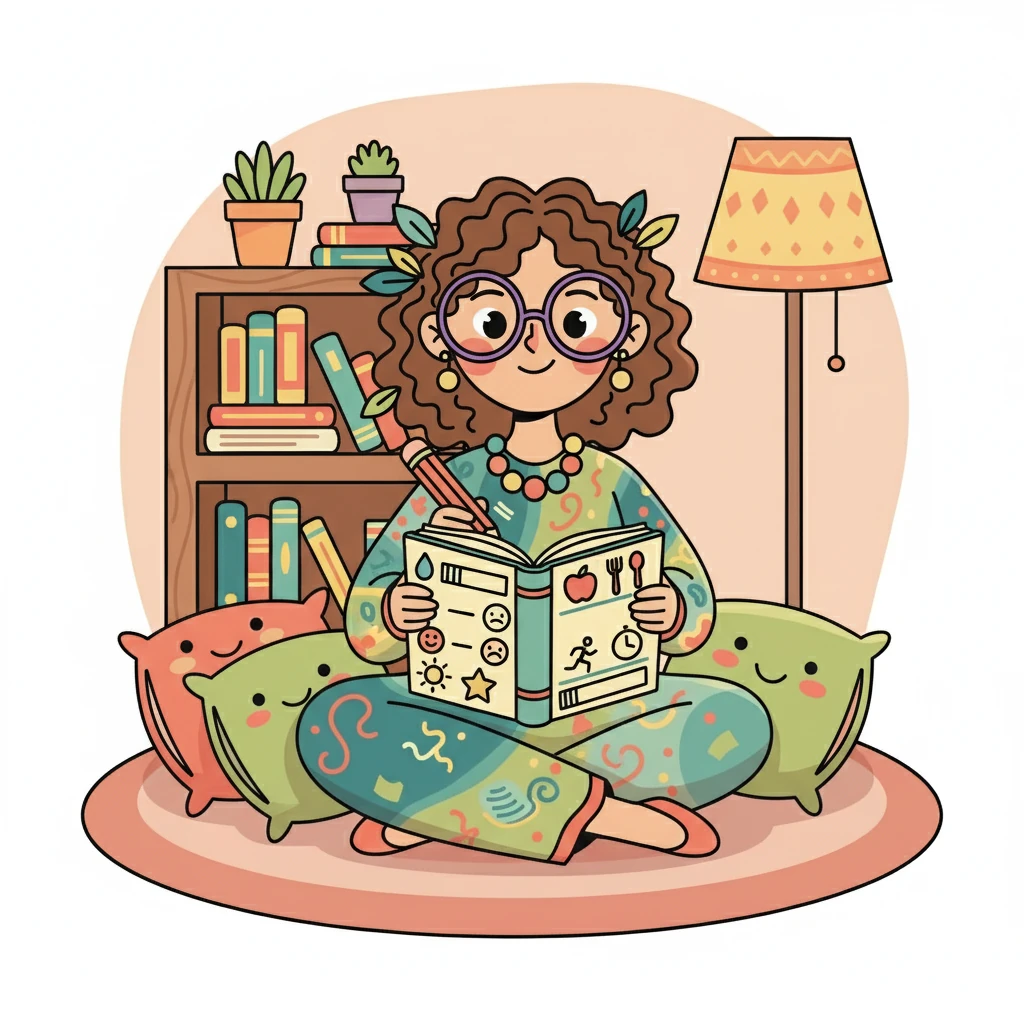 During the week, Ms. Willow uses the daily tracker to record her water intake, meals, movement, and breaks. In the evening, she rates her mood and writes a few things she's grateful for. A small star shines next to her 'What went well' section.