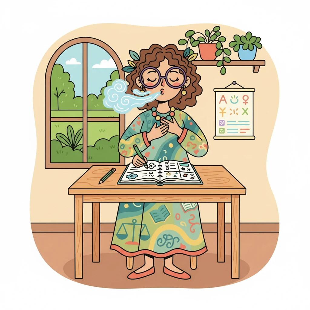 When feeling overwhelmed, Ms. Willow turns to the stress management tools. She practices deep breathing exercises and uses a 'When I feel overwhelmed, I can...' checklist. She doodles in the 'Creative Break' section of her planner, finding calm in simple drawings.