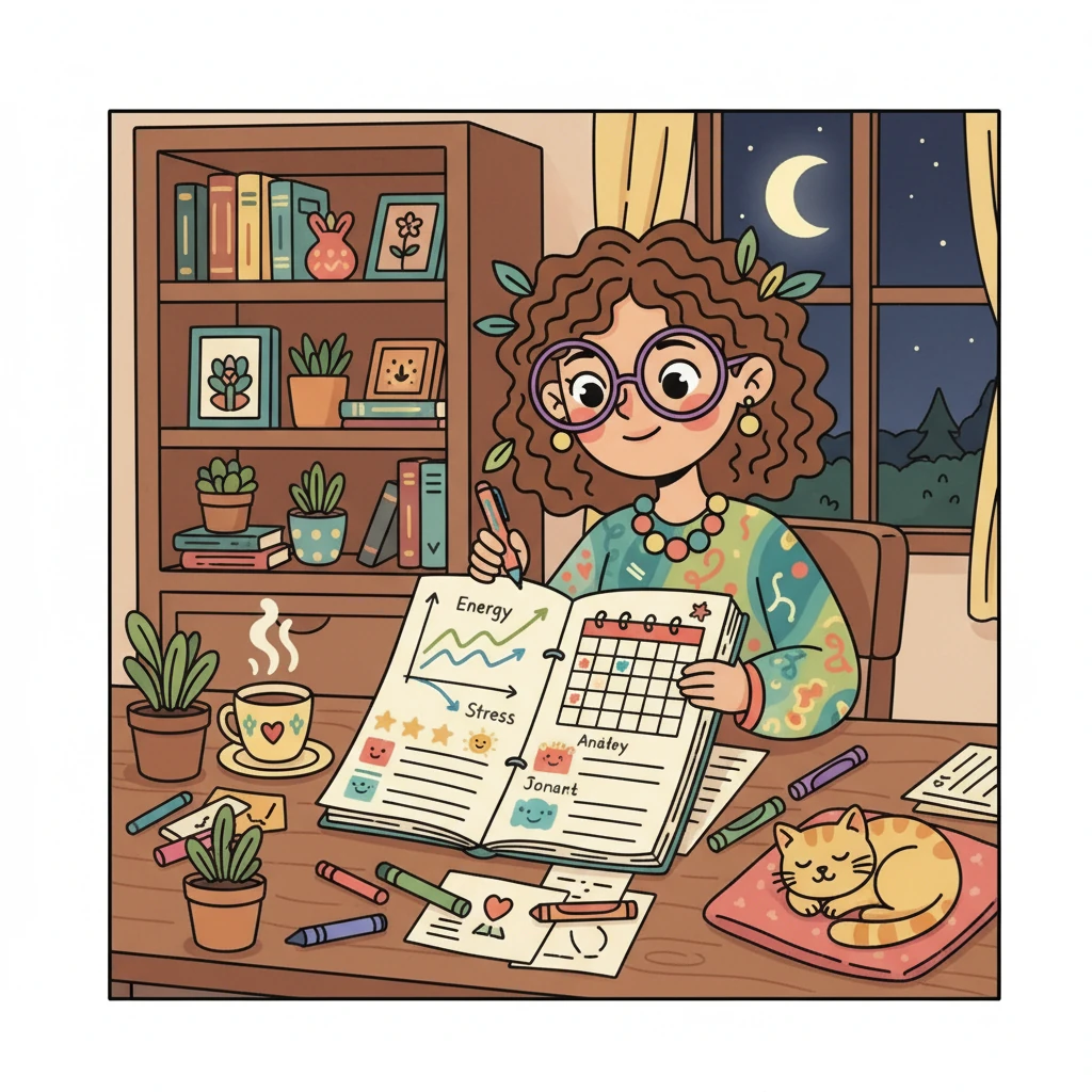 At the end of each month, Ms. Willow reviews her mood tracker and sets self-care goals. She uses a simple 'Energy vs. Stress' graph to visualize her month. She also journals about her 'wins' and gratitude, finding joy in her personal growth.