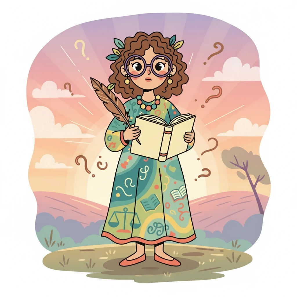 The end-of-year reflection prompts Ms. Willow to consider her journey. She answers questions about what she learned, how she grew, and what she'll carry into the next year. She is surrounded by a gentle, pastel-colored sunset.