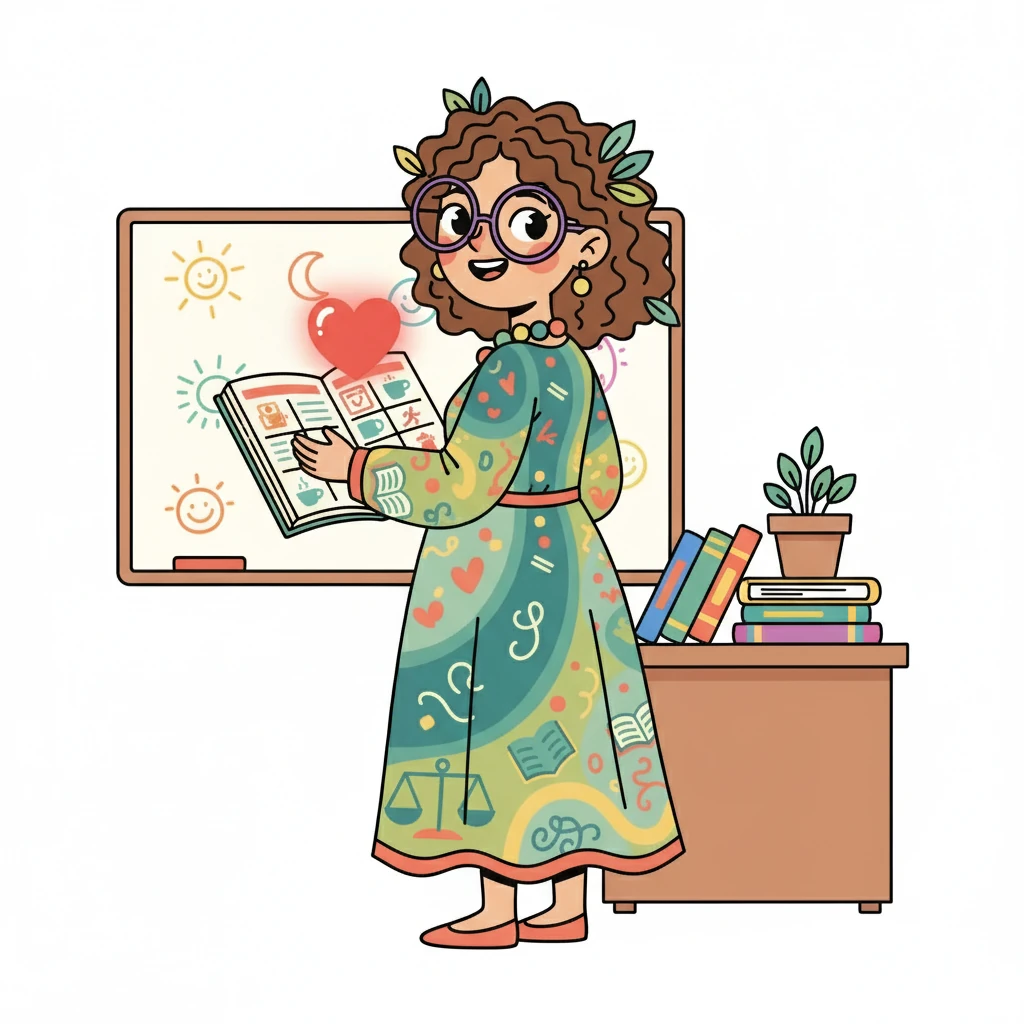 Ms. Willow smiles as she looks back at her planner. She realizes that self-care isn't selfish; it's essential for being the best teacher she can be. She feels renewed, ready to start a new year, filled with balance and joy, holding a heart icon.