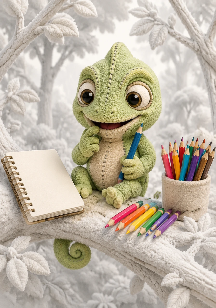 A cheerful little chameleon named Coloro perches on a snowy-white branch. All around him, the forest is soft grey and quiet white. Coloro looks at his empty sketchbook and wonderful colored pencils, wondering which bright colors should fill the blank pages. Help him choose a color to start!