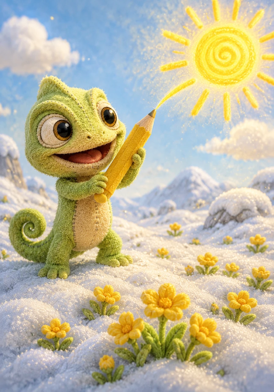 Deciding on bright, cheerful yellow, Coloro takes his pencil. Look! With a gentle scribble, he makes a big, warm sun glow in the corner, and suddenly tiny golden wildflowers start peeking out from under the snow. What vibrant color will he pick next?