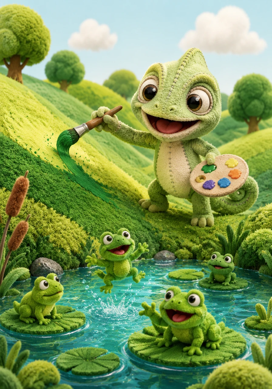 Next, Coloro picks a joyful green. As he colors the rolling hills below, bouncy green frogs appear, hopping across emerald lily pads in a clear pond! He feels happy seeing so much life. What color will he add for more wonder?