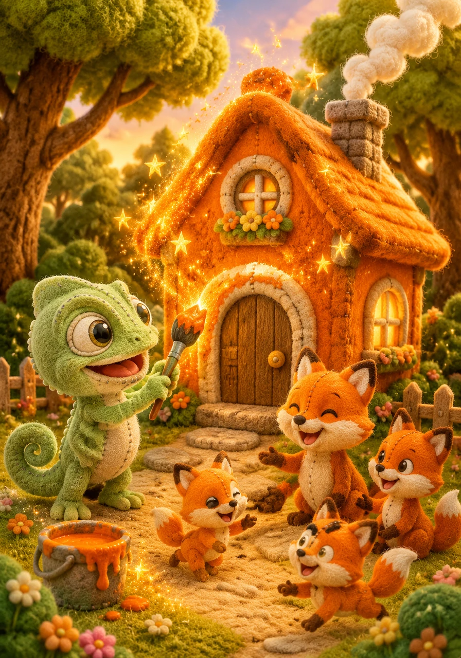 With a warm, friendly orange, Coloro colors a cozy little house tucked among the trees. Smoke curls from the chimney, and suddenly a family of orange foxes appears, laughing and playing nearby! They look so comfortable. What color can make things feel surprising?