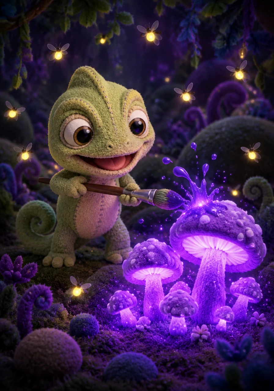 Now, a bright, exciting purple! Coloro splashes purple onto a patch of unusual mushrooms. Wow! These mushrooms start glowing with soft, purple light, and twinkling fireflies dance around them! Purple feels magical and full of surprises. What color can make something bloom?