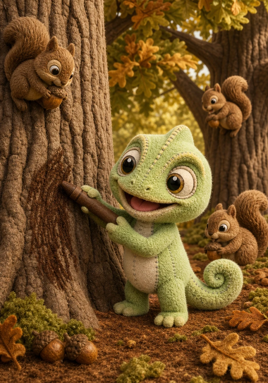 With a sturdy, reliable brown, Coloro colors the trunks of great oak trees and the earth. Busy squirrels scurry up the rough brown bark, chattering as they gather acorns for winter! Brown feels solid and real. What color is for the sparkle in the night?