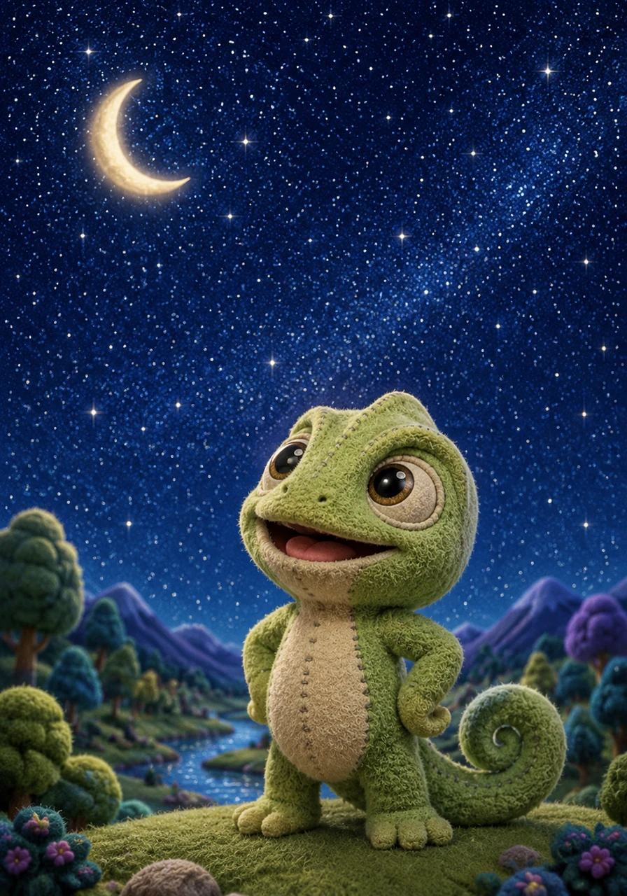 When evening comes, Coloro uses a deep, rich navy blue for the sky. He adds tiny dots of sparkly white, and thousands of stars begin to twinkle, while a crescent moon glows softly! The blue and white combination makes the night feel magical. Coloro looks at his colorful world and feels so proud. How many colors can you see?