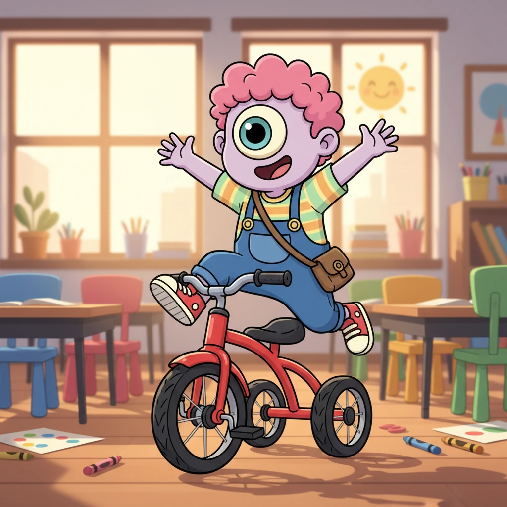 One sunny morning, Cyclos decided to embark on an adventure through a bustling classroom. He spotted a shiny red object with two big wheels and, with a joyful leap, he jumped right onto its frame. He felt a new kind of freedom as he became part of something bigger.