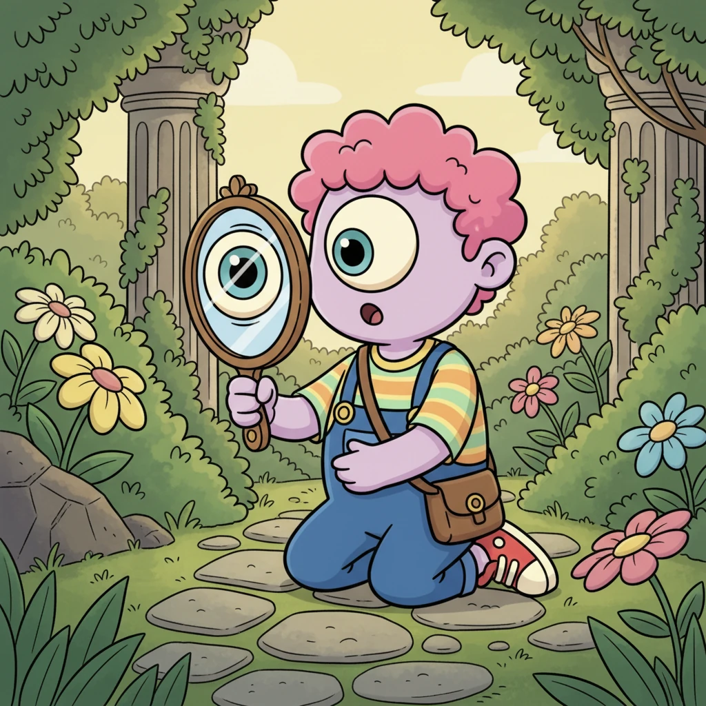 Later that day, while exploring a quiet corner, Cyclos peered into a small, reflective mirror. To his surprise, he saw a giant, round eye staring back at him from his own reflection. He had become a mighty, one-eyed Cyclops, gazing out with curiosity.